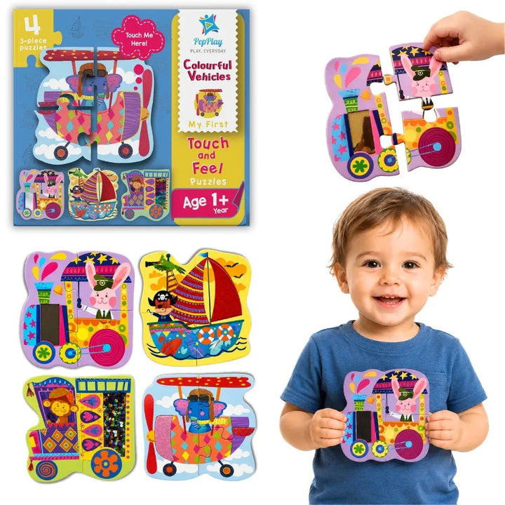 PepPlay My First Touch & Feel Puzzles - Colourful Vehicles | Sensory Learning for Toddlers | 4 three-piece puzzles