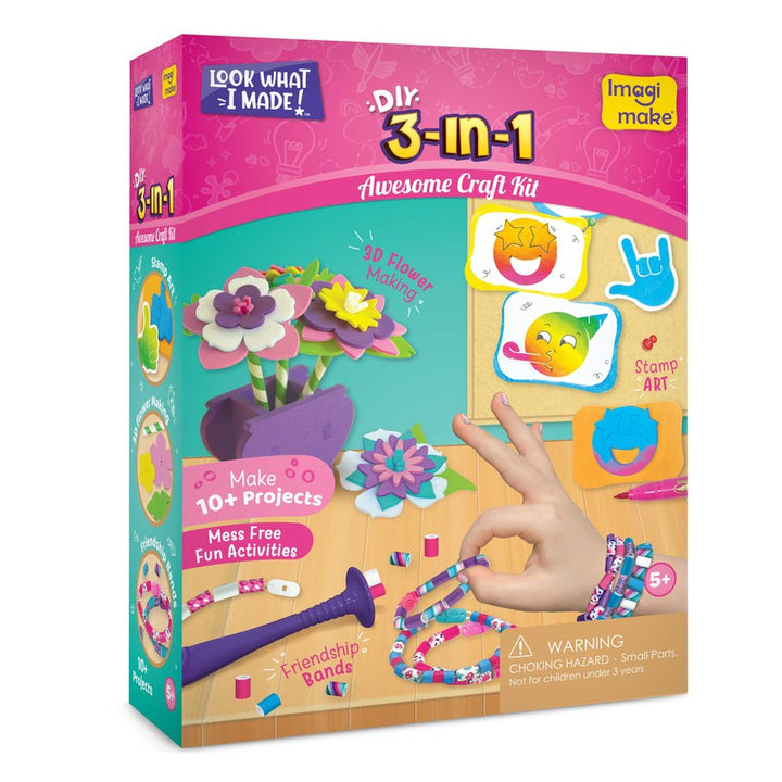 3 in 1 Awesome Craft Kit | Stamp Art, Friendship Band, 3D Flower Making (4-8 Years)