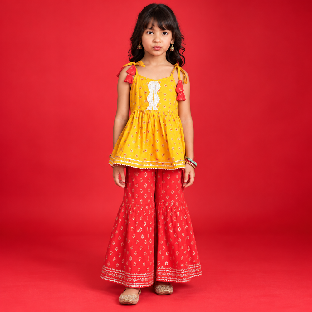 Saka Designs Girls Mustard Yellow & Red Floral Printed Peplum Sharara Set | Shoulder Tie-Up with Tassels | Traditional Festive & Wedding Wear