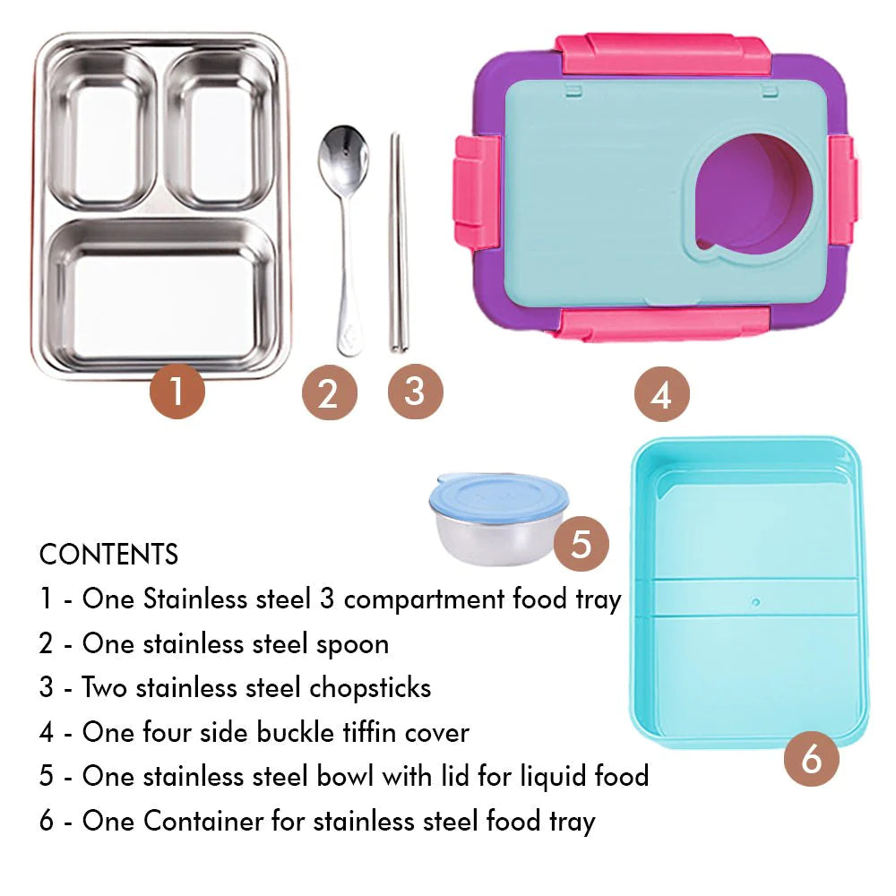 2 Decker Double Lock Stainless Steel Lunch /Tiffin Box (Blue/Purple)