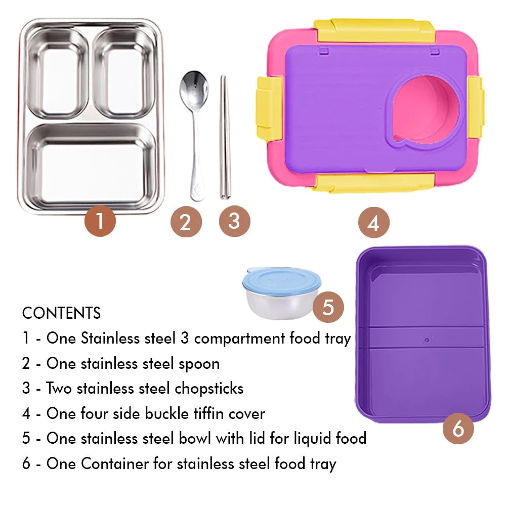 2 Decker Double Lock Stainless Steel Lunch /Tiffin Box (Purple/Pink)