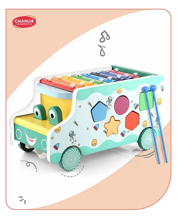 Chanak Wooden Activity Bus for Kids | 6-in-1 Montessori Musical Shape Sorter Toy | Musical Miles