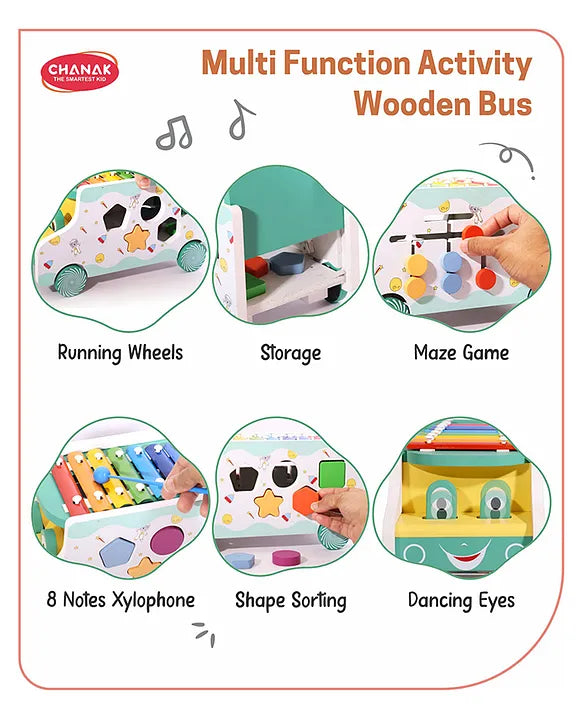 Chanak Wooden Activity Bus for Kids | 6-in-1 Montessori Musical Shape Sorter Toy | Musical Miles