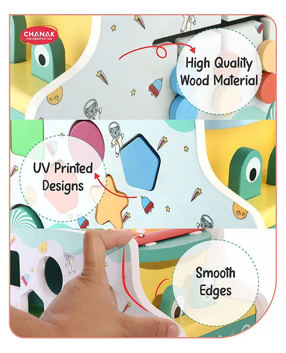 Chanak Wooden Activity Bus for Kids | 6-in-1 Montessori Musical Shape Sorter Toy | Musical Miles
