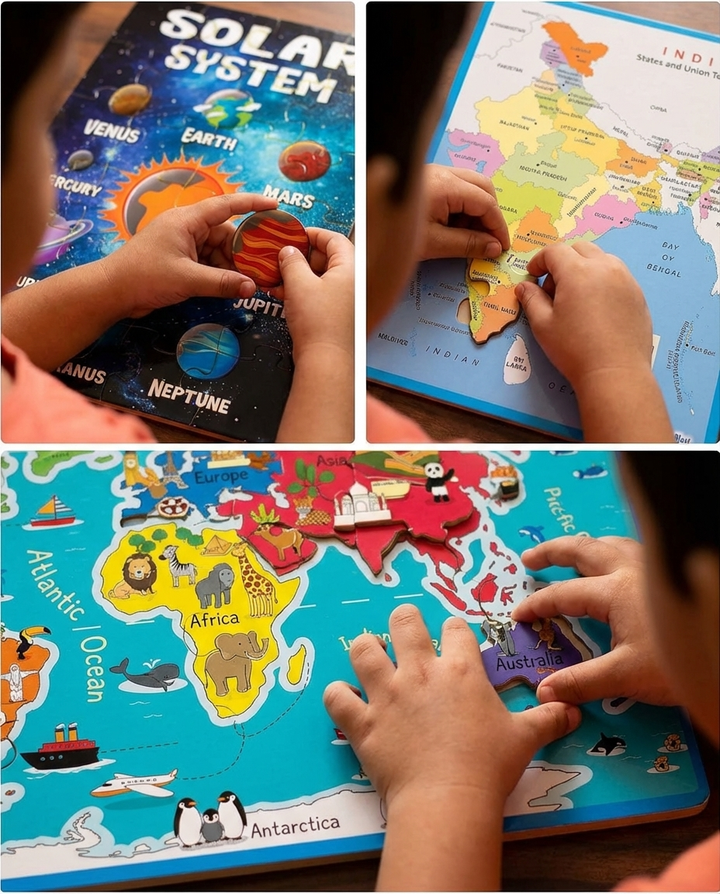 FunBlast 3 In 1 Jigsaw Puzzle - Solar System, Map Of India & World Map | 72 Pieces