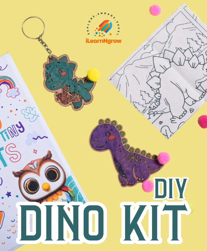 Ilearnngrow Dino Rakhi Combo – DIY Dinosaur Painting Kit | Dino Keychain, Fridge Magnet, Canvas Painting & Dino Rakhi