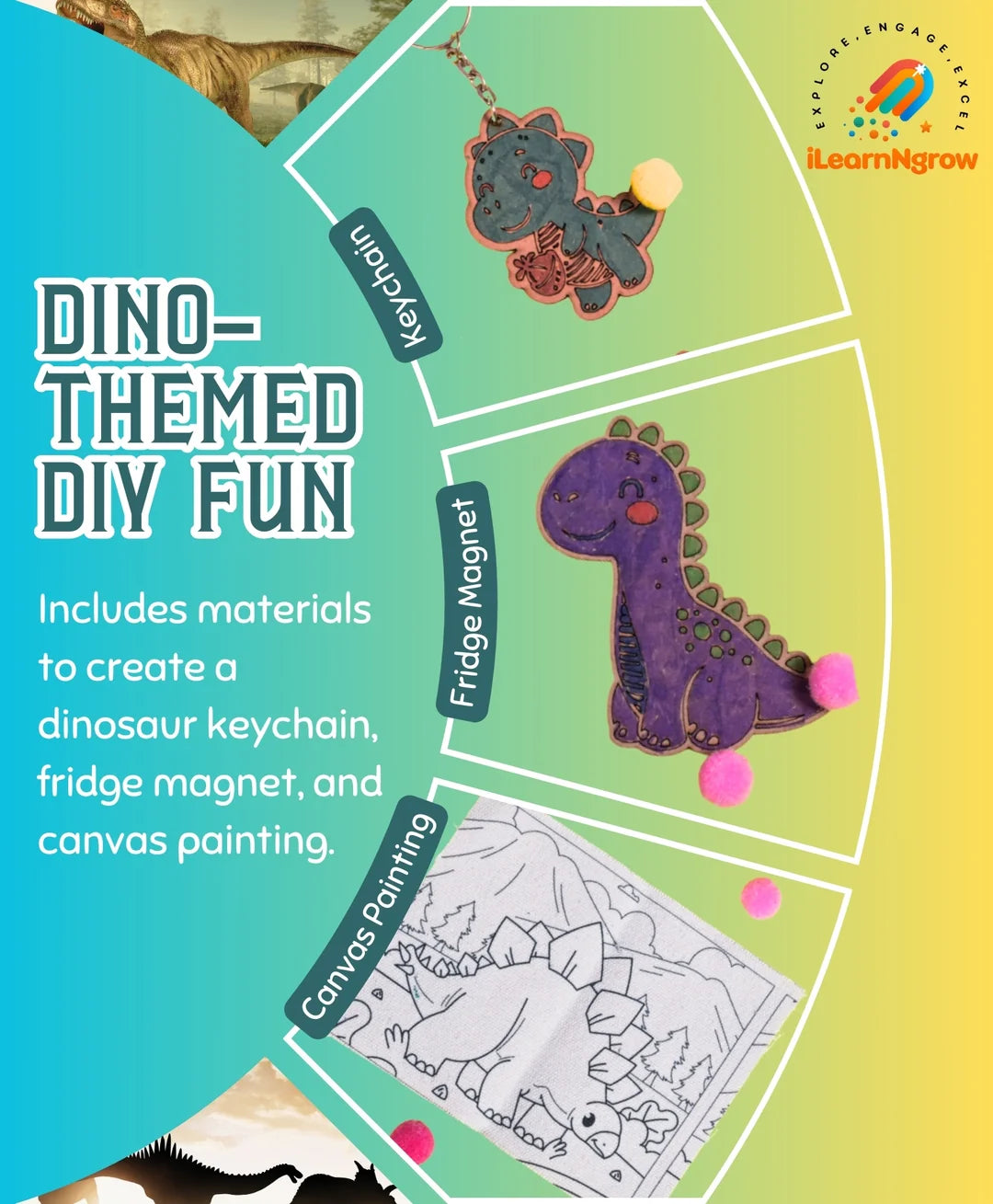 Ilearnngrow Dino Rakhi Combo – DIY Dinosaur Painting Kit | Dino Keychain, Fridge Magnet, Canvas Painting & Dino Rakhi
