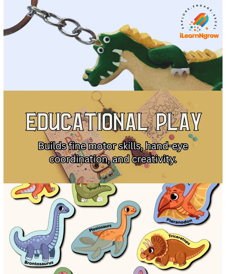 Ilearnngrow Dino Rakhi Combo – DIY Dinosaur Painting Kit | Dino Keychain, Fridge Magnet, Canvas Painting & Dino Rakhi