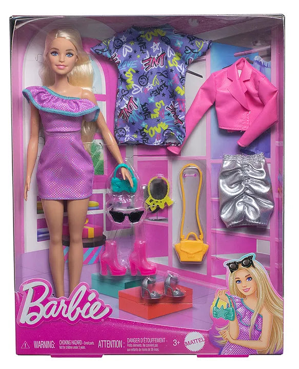 Mattel Original Licensed Barbie Style Doll | Party Fashion Refresh Set with Doll Clothes & Accessories
