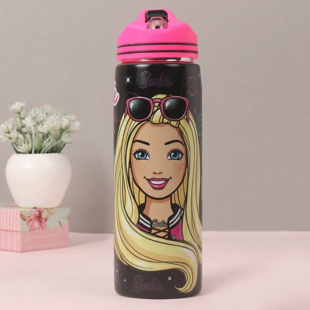 Barbie Non-Insulated Steel Sipper Water Bottle – 700ml Black & Pink | Stylish Barbie Design | Reusable Kids School & Travel Bottle