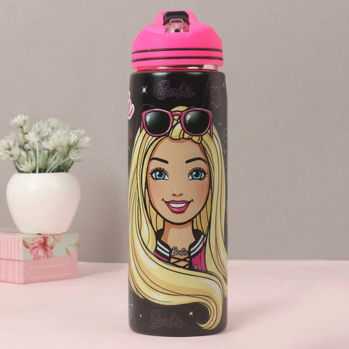 Barbie Non-Insulated Steel Sipper Water Bottle – 700ml Black & Pink | Stylish Barbie Design | Reusable Kids School & Travel Bottle