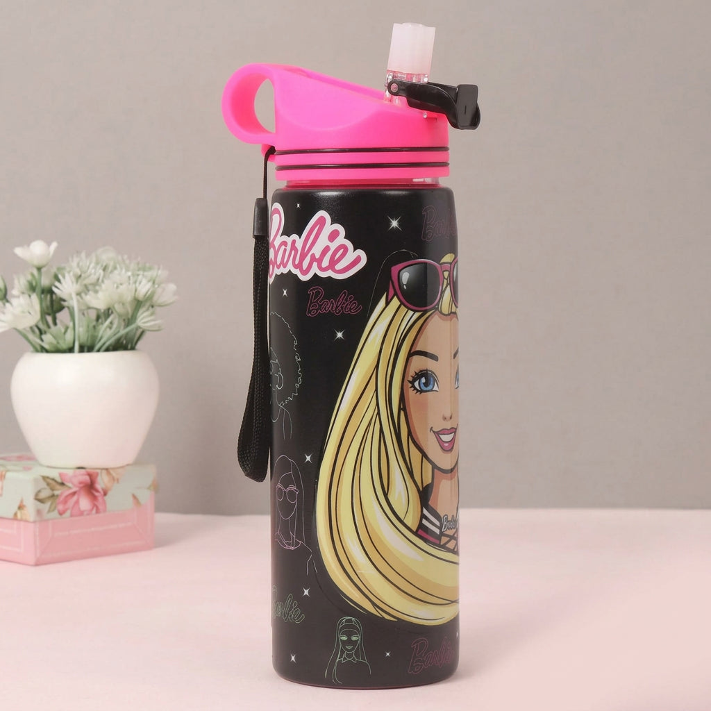 Barbie Non-Insulated Steel Sipper Water Bottle – 700ml Black & Pink | Stylish Barbie Design | Reusable Kids School & Travel Bottle