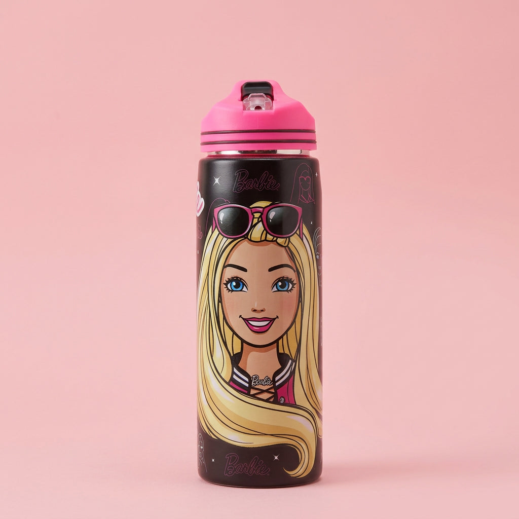 Barbie Non-Insulated Steel Sipper Water Bottle – 700ml Black & Pink | Stylish Barbie Design | Reusable Kids School & Travel Bottle