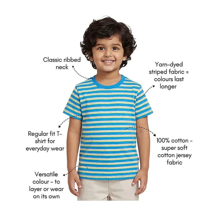 Campana 100% Cotton Knit Half Sleeves Striped T-Shirt | Blue & Light Grey