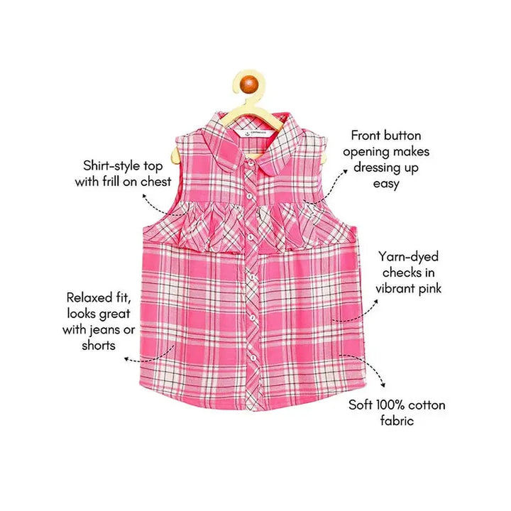Campana 100% Cotton Woven Sleeveless Checked Shirt Style Top | Pink