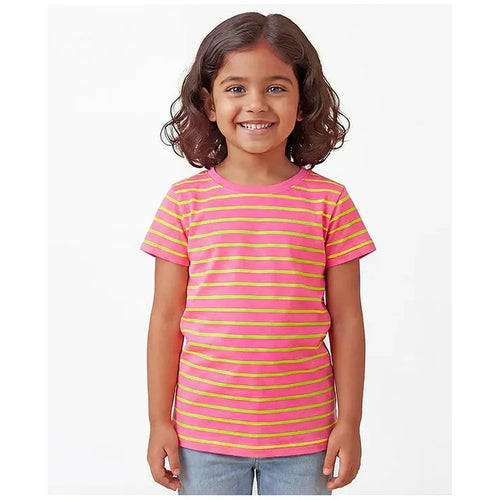 Campana 100% Cotton Knit Half Sleeves Striped T-Shirt | Pink & Lime