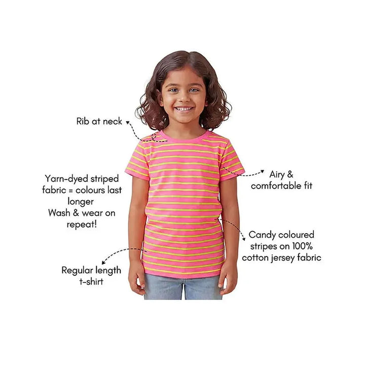 Campana 100% Cotton Knit Half Sleeves Striped T-Shirt | Pink & Lime