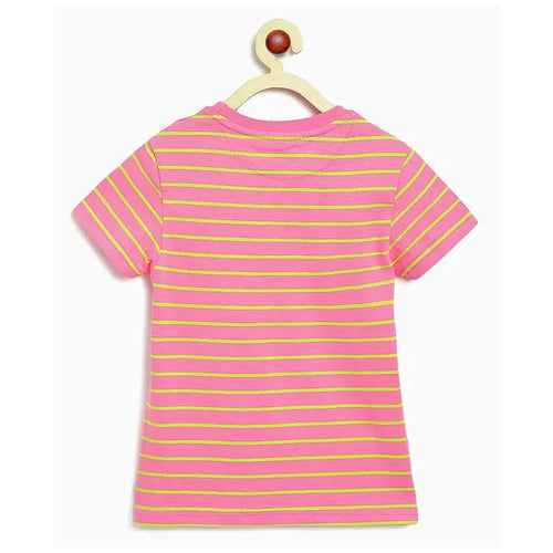 Campana 100% Cotton Knit Half Sleeves Striped T-Shirt | Pink & Lime