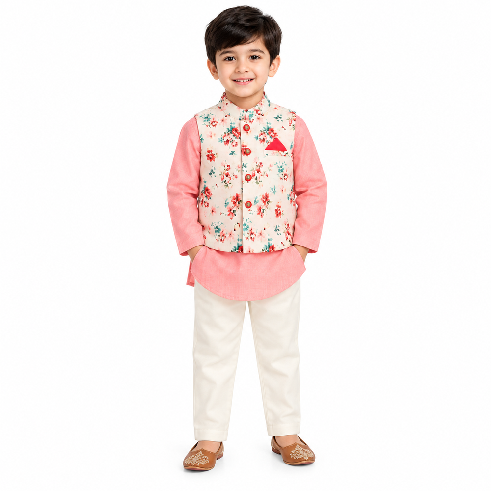 Saka Designs Boys Peach Floral Printed Satin Jacket with Kurta & Pyjama Set | Traditional Ethnic Wear | Festive & Wedding Outfit