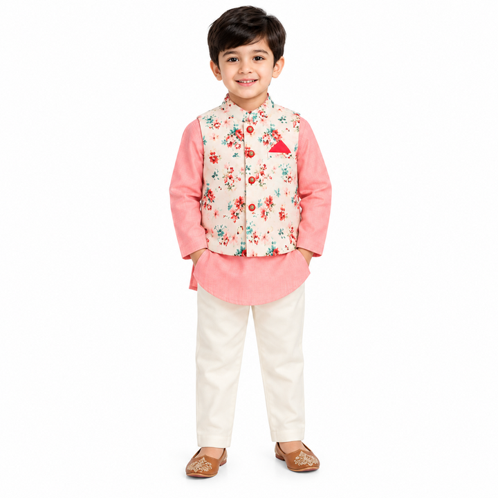 Saka Designs Boys Peach Floral Printed Satin Jacket with Kurta & Pyjama Set | Traditional Ethnic Wear | Festive & Wedding Outfit