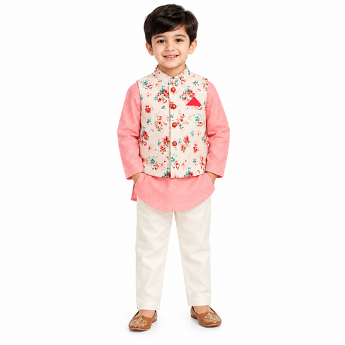 Saka Designs Boys Peach Floral Printed Satin Jacket with Kurta & Pyjama Set | Traditional Ethnic Wear | Festive & Wedding Outfit
