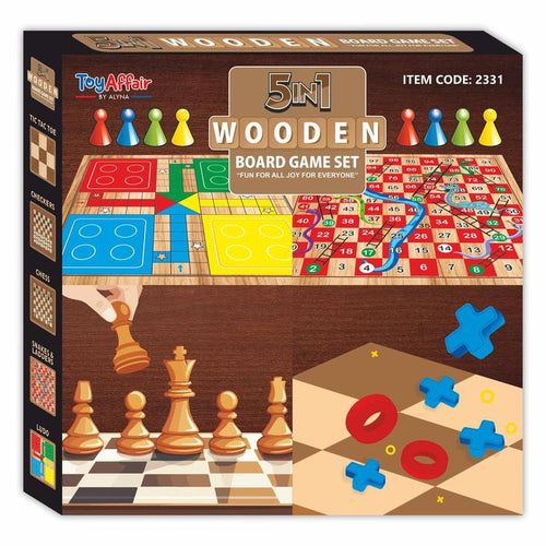 ToyAffair 5 in 1 Wooden Board Game Set - Ludo, Snakes & Ladders, Checkers, Chess, & Tic Tac Toe (4 Years till Grown Ups)