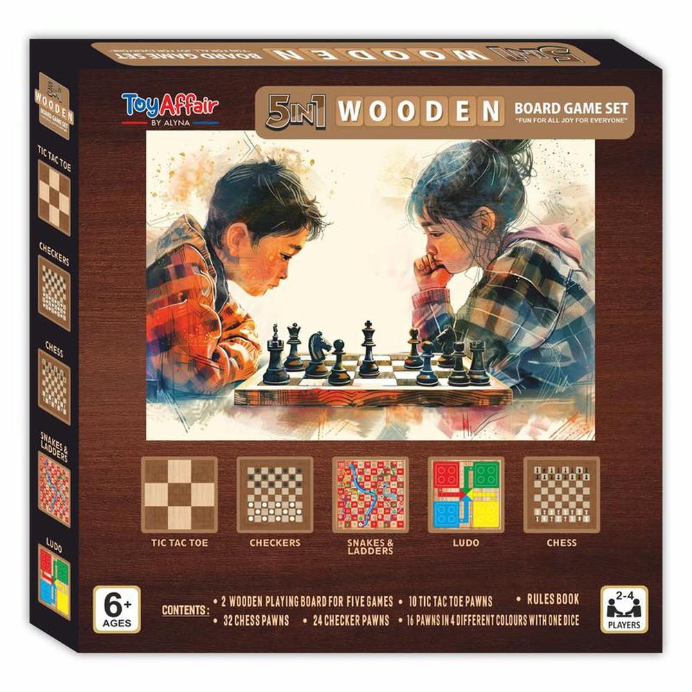 ToyAffair 5 in 1 Wooden Board Game Set - Ludo, Snakes & Ladders, Checkers, Chess, & Tic Tac Toe (4 Years till Grown Ups)