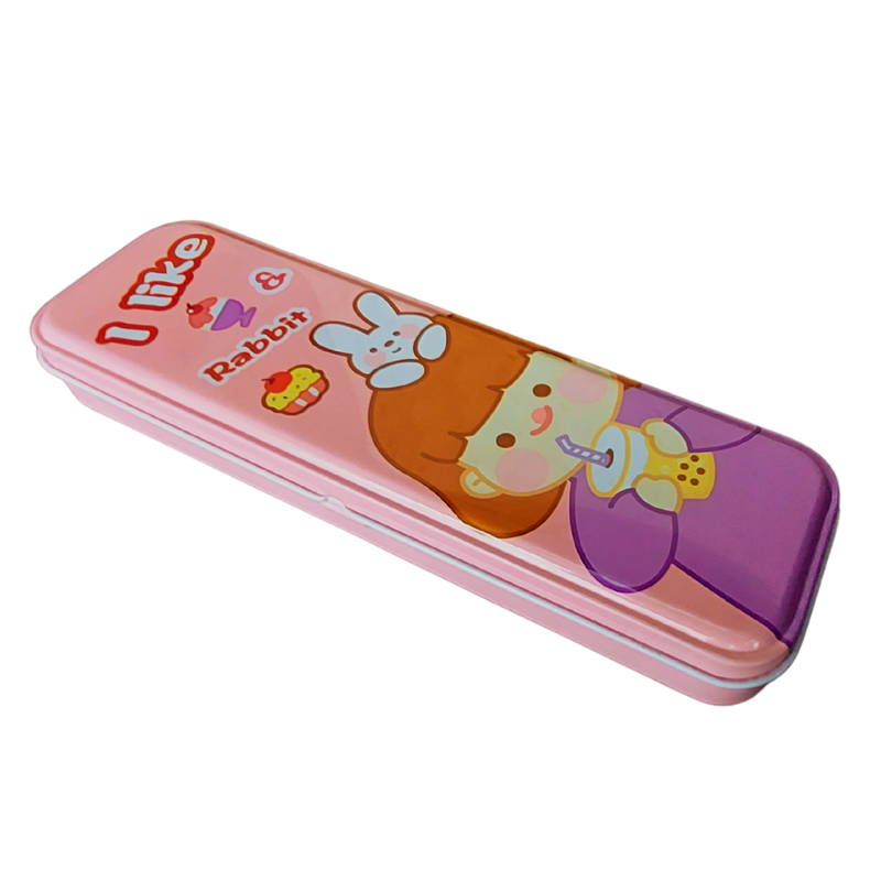 Cartoon Hardtop 2 Compartment Small Size Metal Pencil Box - Rabbit Design | Pink Colour