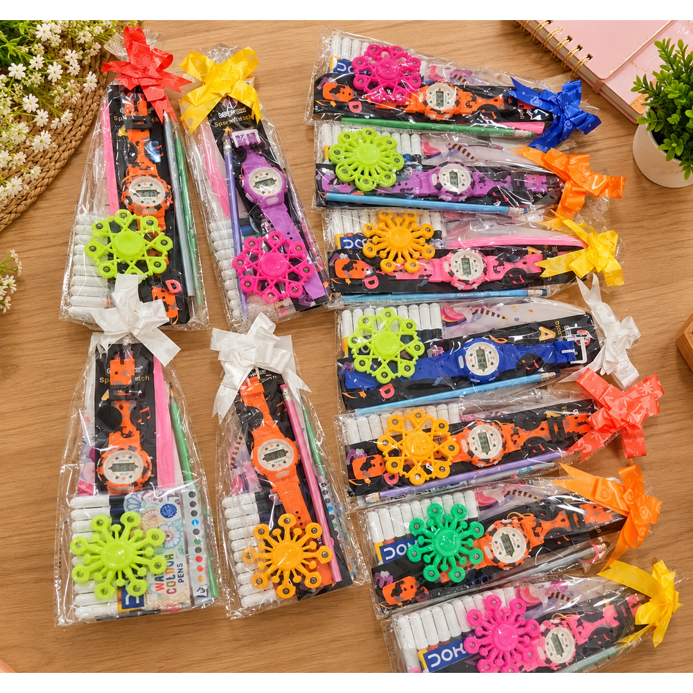 Set of 12 Kanjak Gift Sets with Sketch Pens, Watch, Spinner, Pencil & Pencil Pouch – Assorted Colours & Designs | Kanjak Special