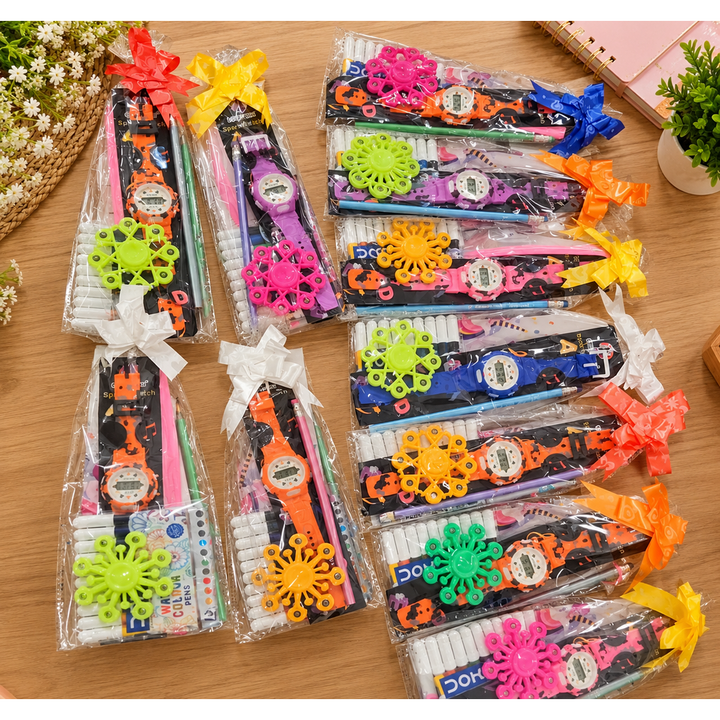 Set of 12 Kanjak Gift Sets with Sketch Pens, Watch, Spinner, Pencil & Pencil Pouch – Assorted Colours & Designs | Kanjak Special