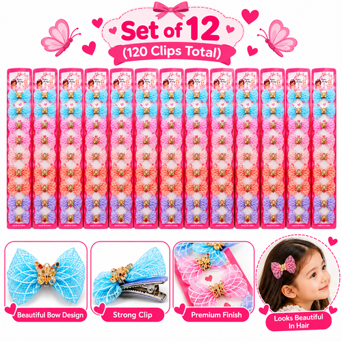 Set of 12 Net Bow Hair Clip Sets – 10 Pieces Each | Multicolour Butterfly-Decorated Hair Accessories for Girls | Kanjak Special
