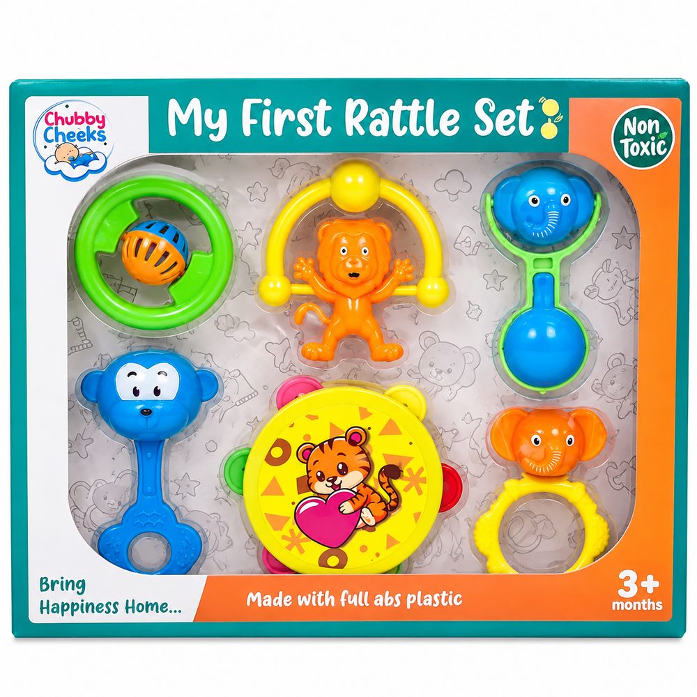 Chubby Cheeks My First Rattle Set | 6-Piece Colourful Baby Rattles & Musical Toys