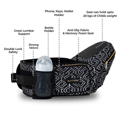 Tribal Route Baby Carrier with Hip Seat & In-built Mini Diaper Bag - Black & White