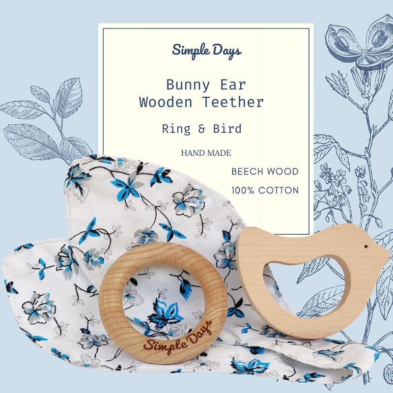 Bunny Ear Baby Teether Wooden Ring & Bird - Set of 2