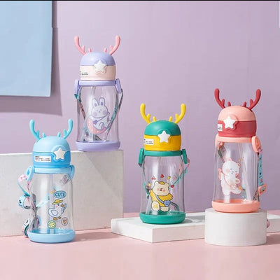 Multicolor Cartoons Printed Kids Water Bottle 550ml Capacity Cute Antler-Shaped with Straw Lid, Detachable Holding Cover Strap (Assorted Colours)