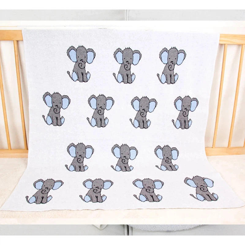 Premium Baby Blanket Knit 100% Cotton with Cute Animal Prints - Beige (Elephant Print)