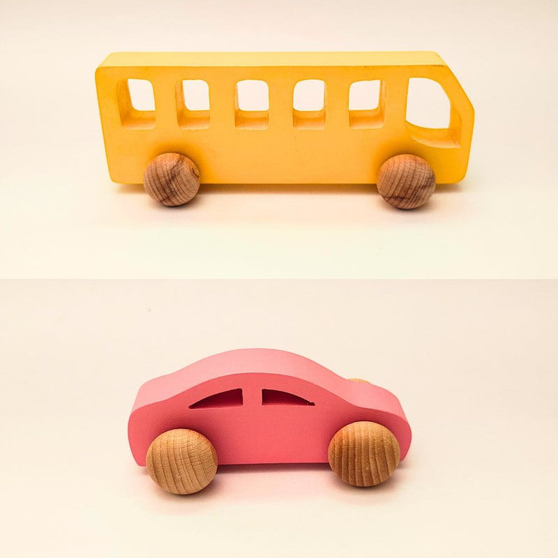 Colourful Commute Wooden Cars Combo of Two | Yellow School Van and Pink car | Push Pull Toy