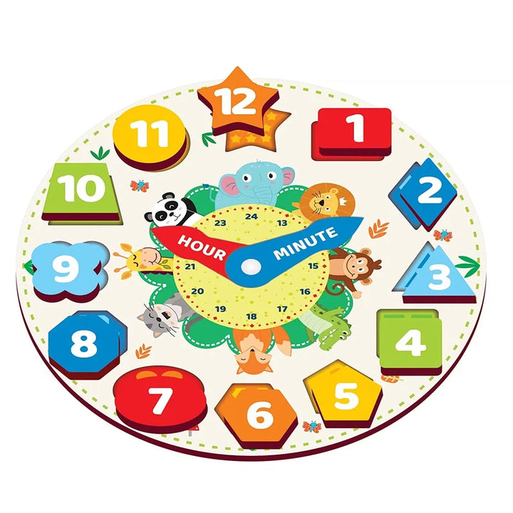 Wooden Early Educational Teaching Clock-Time & Shapes Sorting Toy for Kids, 12 Pcs (Round)