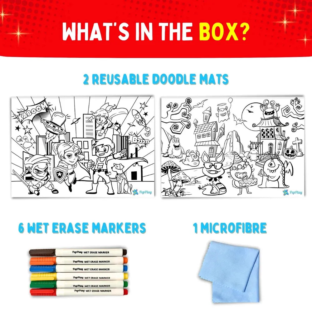 PepPlay Recolourables Colour & Wipe Placemats - Super Power | Reusable Wet-Erase Colouring