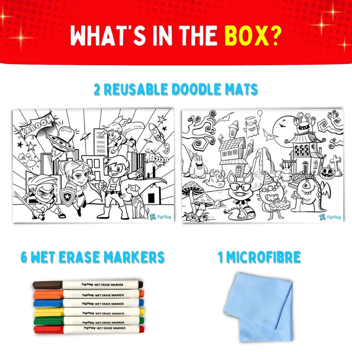 PepPlay Recolourables Colour & Wipe Placemats - Super Power | Reusable Wet-Erase Colouring