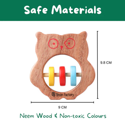 Neem Wood Bear And Owl Teether Rattle Combo Set