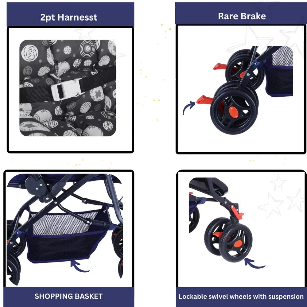 Infanto Babylove Stroller with 3-Position Adjustable Seat & 5-Point Safety Harness