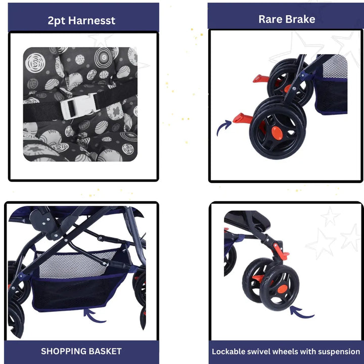 Infanto Babylove Stroller with 3-Position Adjustable Seat & 5-Point Safety Harness