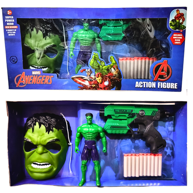 Set of Hulk | Hulk Action Figure Toy | Play Gun with Bullets | Mask (Big in Size)