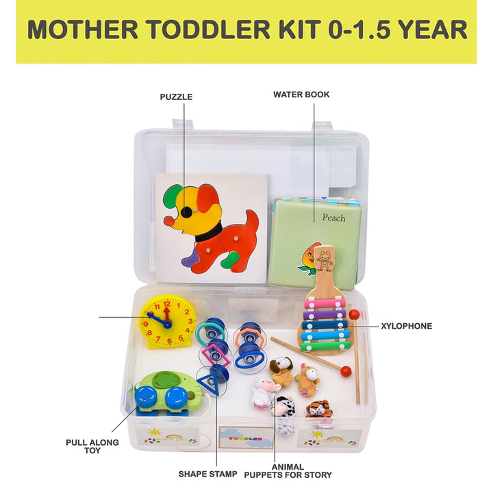 Learnings Mother Toodler Kit Toy Skill Developmental Kids Toy Shape Stamps Water Books Pull Toy Washable Car Puzzles Finger Puppets Musical Instrument for 0 to 1.5 Year's Kid - for Gifting