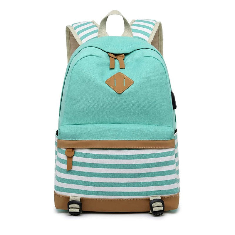 Green stripes Backpack with Lunch Bag & Stationery Pouch (Mint Green)