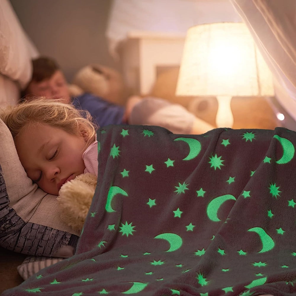 Stars and Moon Fluffy Luminous Glow in Dark Blanket | Pink |