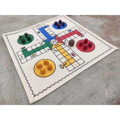 Ludo / Pachisi Board Game with Wooden Pawns and Dice (Hand Crafted Cloth Board )