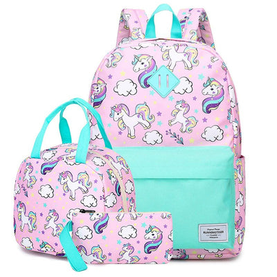 Clouds & Unicorns Matching Backpack with Lunch Bag & Stationery (Pouch Green & Pink)