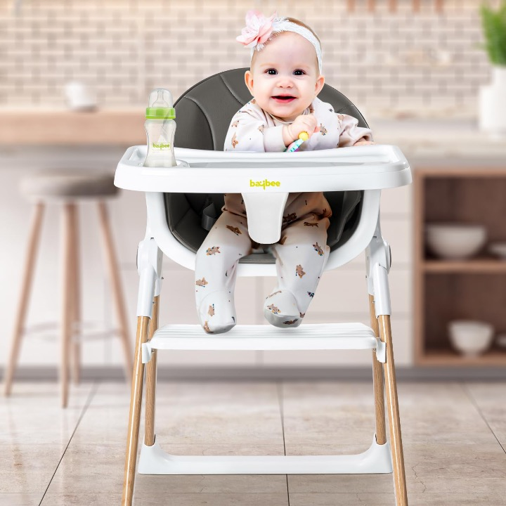 Foldable Baby High Chair for Kids with Adjustable Tray & Safety Belt | Feeding Booster Chair for Toddlers with Tray & Footrest